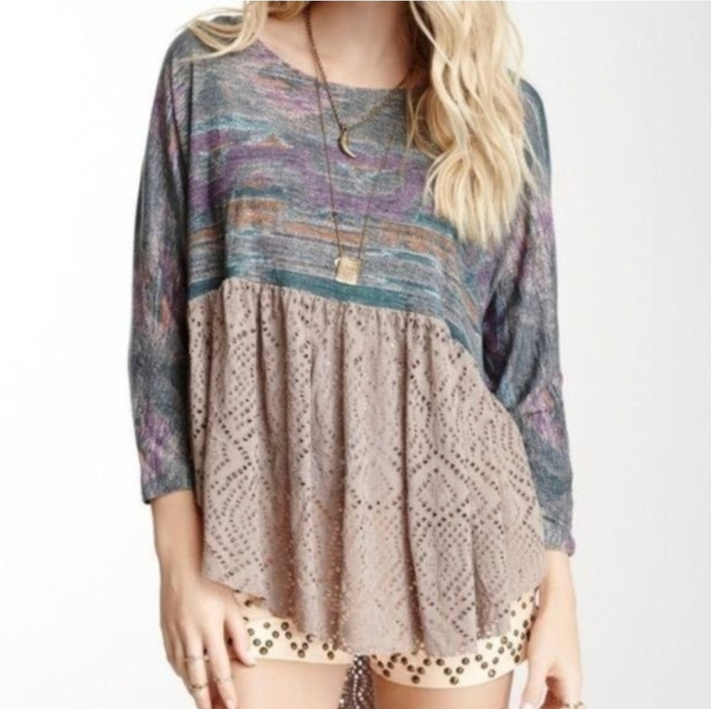Free People Oversized Boho Tunic Top Mixed Media Eyelet Lace Hem Slouchy - Picture 2 of 11